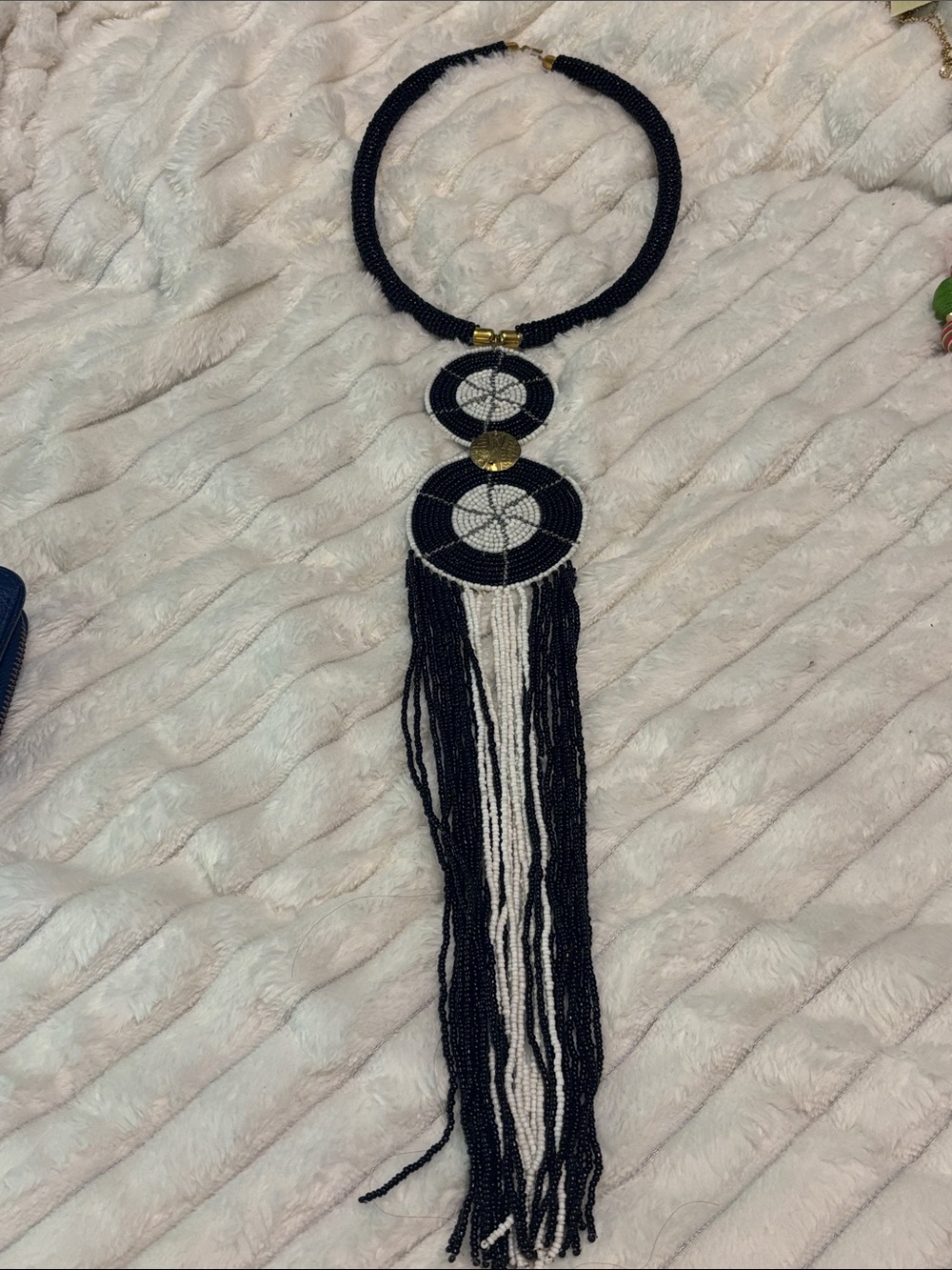 African Ndoro Statement Black and White Beaded Fringe Necklace